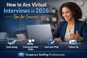 Virtual interview setup in 2026 with professional candidate on laptop demonstrating communication, tech setup, and interview preparation