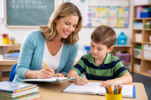 Special education teacher providing consistent support to student to ensure continuity of care