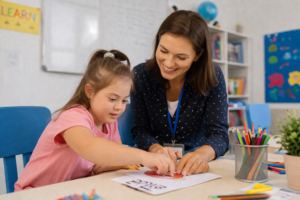 Diverse students and teacher in an inclusive classroom environment