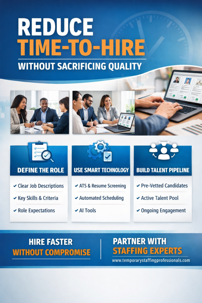 “reduce time-to-hire process infographic” “recruitment automation tools dashboard” “structured interview hiring process”