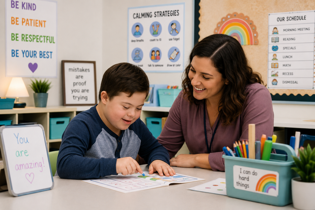 special education classroom teacher working with student