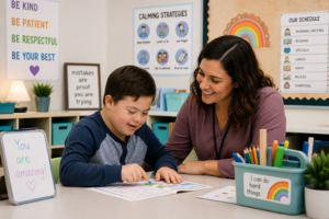 special education classroom teacher working with student