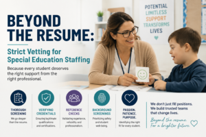Special education staffing and therapist screening concept with teacher and student.