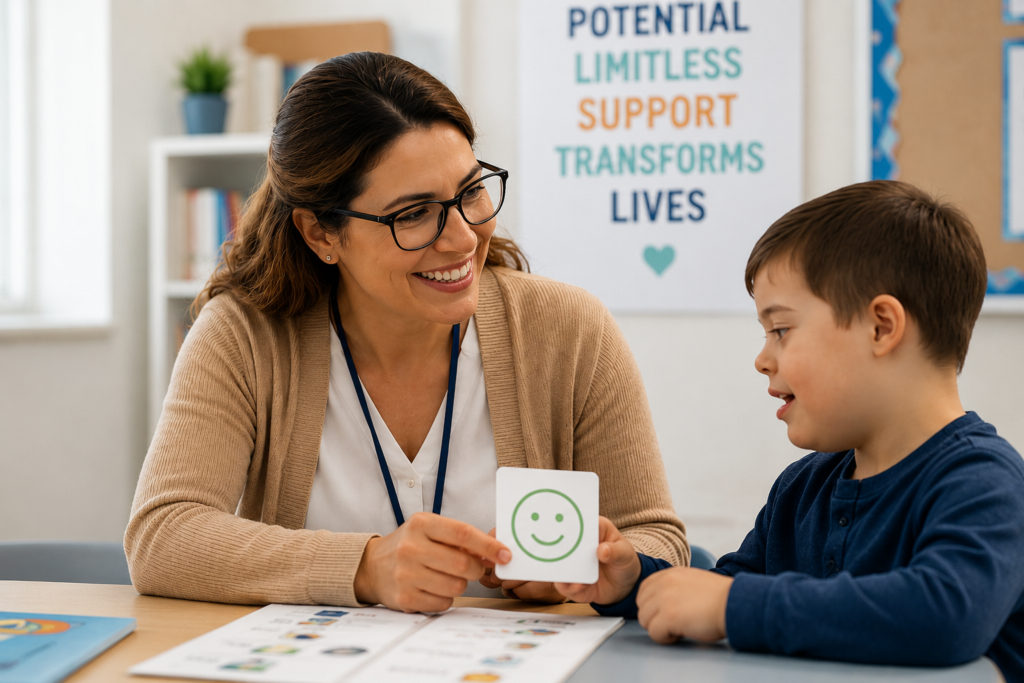 Special education therapist helping a student with visual learning activities.