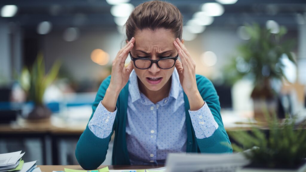Stressed female office employee holding her head in frustration at a desk filled with paperwork, illustrating workplace burnout and the quiet cost of overtime.