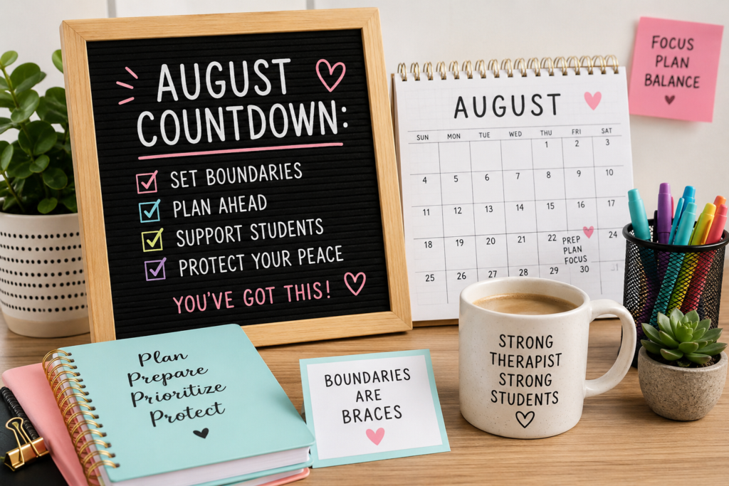 Teacher and therapist back-to-school preparation concept with August calendar, office supplies, and focus on work-life balance.