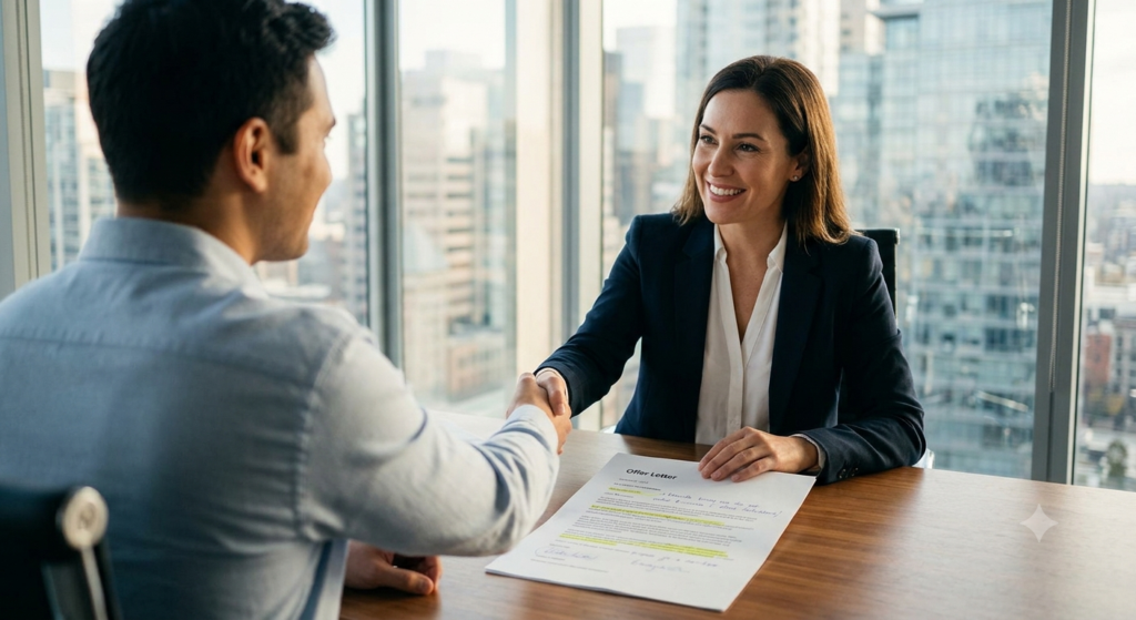 A job candidate and a professional recruiter shaking hands over a job offer letter in a modern office, symbolizing a successful salary negotiation partnership.