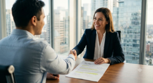 A job candidate and a professional recruiter shaking hands over a job offer letter in a modern office, symbolizing a successful salary negotiation partnership.