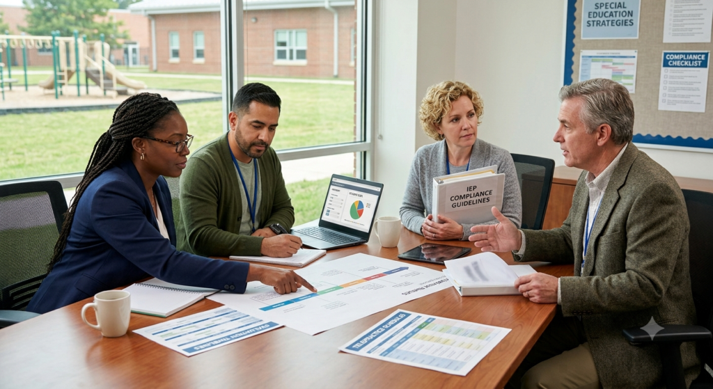 School district leaders and special education administrators reviewing IEP compliance guidelines and evaluation timelines around a conference table.
