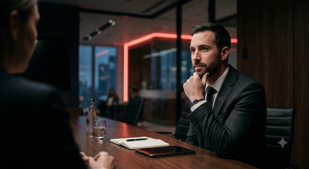A professional assessing corporate interview red flags from an employer during a job interview.