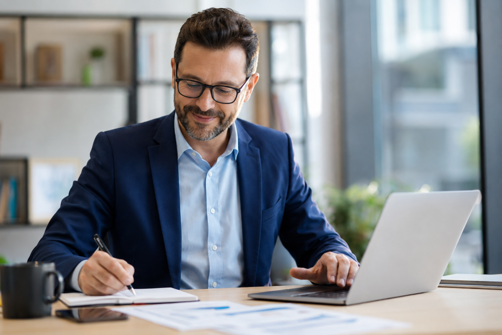 Experienced finance professional working on a laptop in a modern office, representing the flexibility and independence of project-based accounting and fractional finance careers.