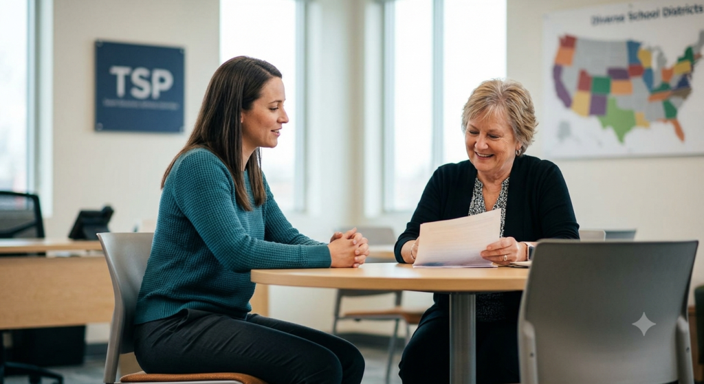 A special education professional discussing career options and contract flexibility with an agency talent solutions manager.