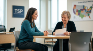 A special education professional discussing career options and contract flexibility with an agency talent solutions manager.
