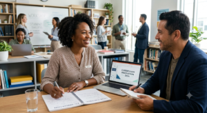 Special education teacher smiling during a school district contract interview