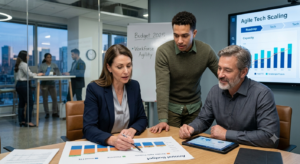 A candid professional photo of three diverse executives, a CFO pointing at a paper budget chart, an HR Director checking a tablet, and a CTO looking at a digital 'Agile Tech Scaling' dashboard collaborating on flexible staffing plans in a modern conference room during an annual strategy session.