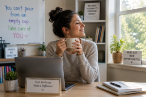 Special education professional taking a restorative break at her workspace, representing work-life balance, flexibility, and renewed energy through contract work.