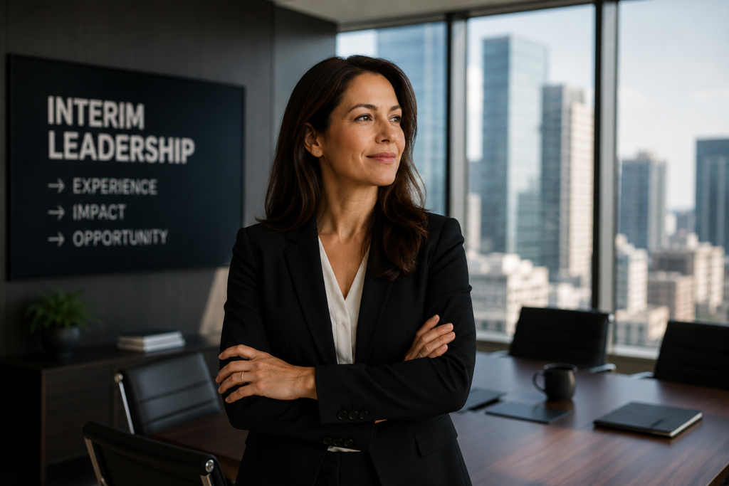 Confident female executive standing in a modern boardroom, representing interim leadership and accelerated C-suite career growth.