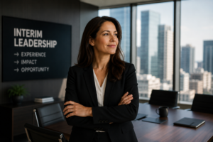 Confident female executive standing in a modern boardroom, representing interim leadership and accelerated C-suite career growth.