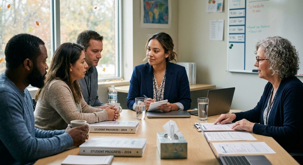 A group of educators and parents collaborating at a round table during a special education IEP meeting.