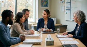 A group of educators and parents collaborating at a round table during a special education IEP meeting.  