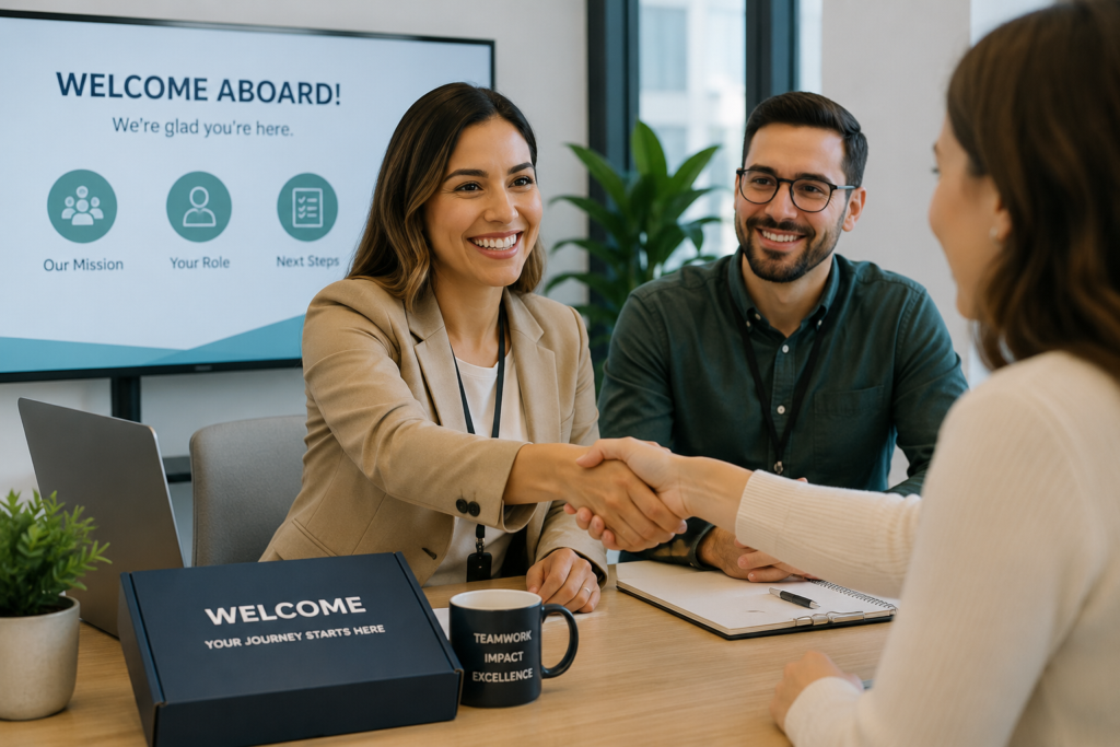 Professional onboarding meeting in a modern office where an interim employee is welcomed by a team leader and colleagues on their first day, highlighting collaboration, rapid integration, and immediate day-one impact.
