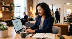 A professional working on a laptop exploring the benefits of temporary employment.