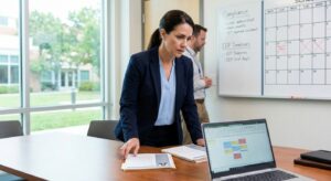 A focused school district administrator reviews resume files and compliance timelines on a whiteboard, strategizing during an unexpected staffing vacancy.