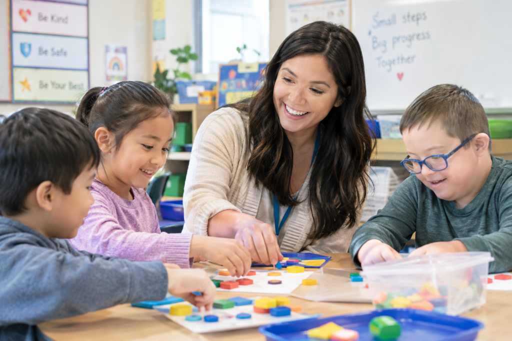 Candid photo of a joyful special education teacher interacting with elementary students during a hands-on classroom activity