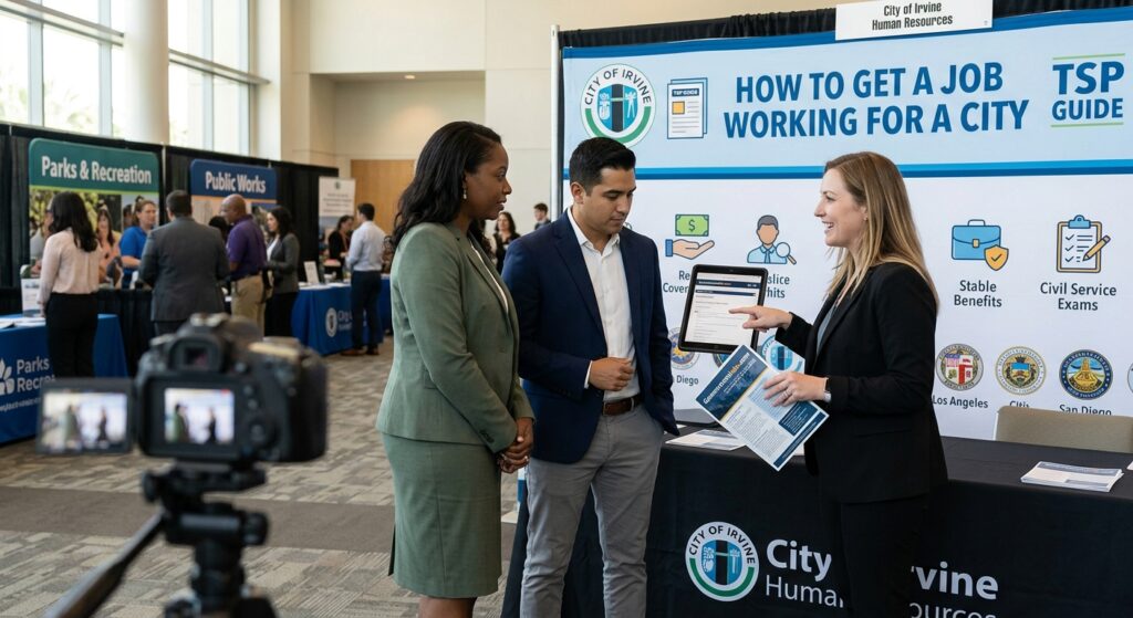 Professional job seekers meeting with a Human Resources representative at a local government career fair, learning how to get a job working for a city.