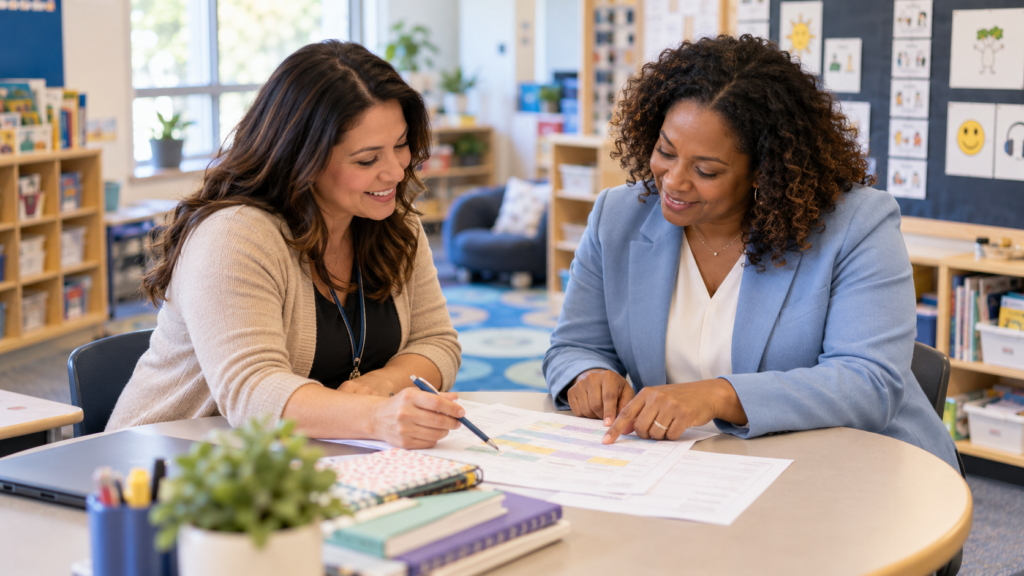 Two education professionals reviewing a staffing schedule in a welcoming classroom.
