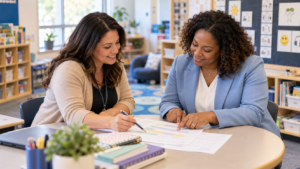 Two education professionals reviewing a staffing schedule in a welcoming classroom.
