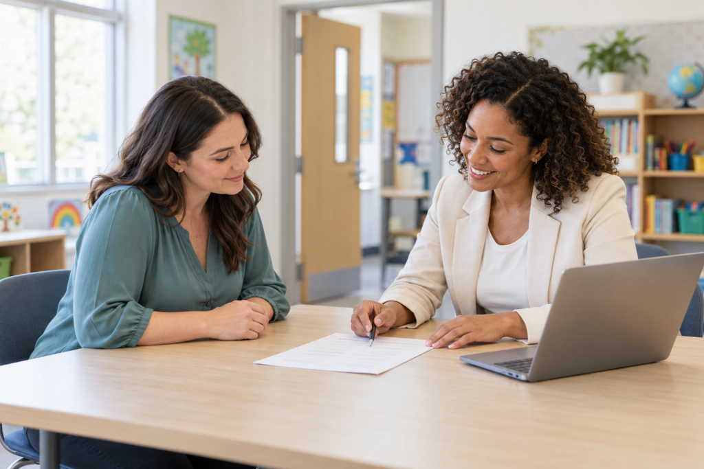 Education job candidate and recruiter reviewing a resume in a bright school setting.