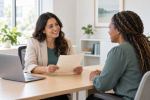 Accounting professional receiving first-day guidance from a colleague
