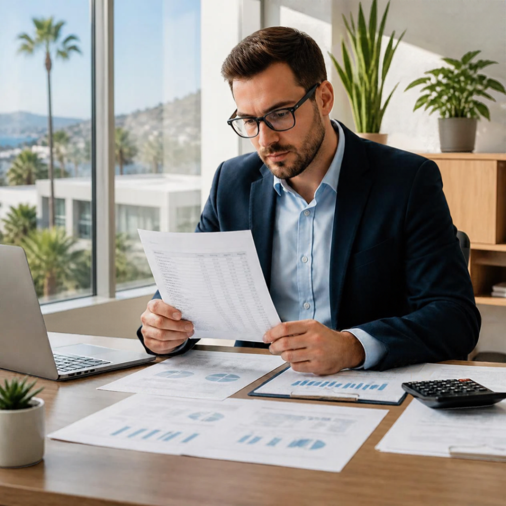 Accounting professional reviewing financial reports during year-end