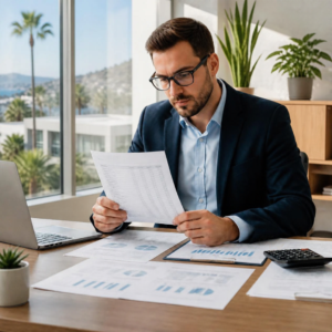 Accounting professional reviewing financial reports during year-end