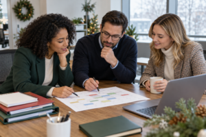 Three office professionals review a calendar to plan staffing coverage during holiday time off.