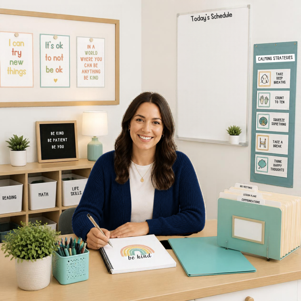 A welcoming special education classroom setting featuring organized teaching materials, learning aids, and a daily schedule board on a desk.