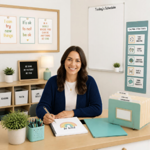A welcoming special education classroom setting featuring organized teaching materials, learning aids, and a daily schedule board on a desk.