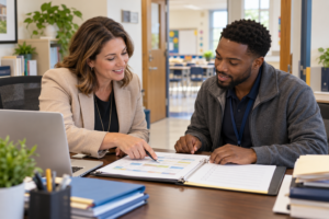 Two school professionals review a coverage checklist and schedule in a school office.